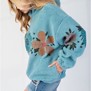 Easel printed flower floral fleece pullover Sherpa pullover pocketed hoodie